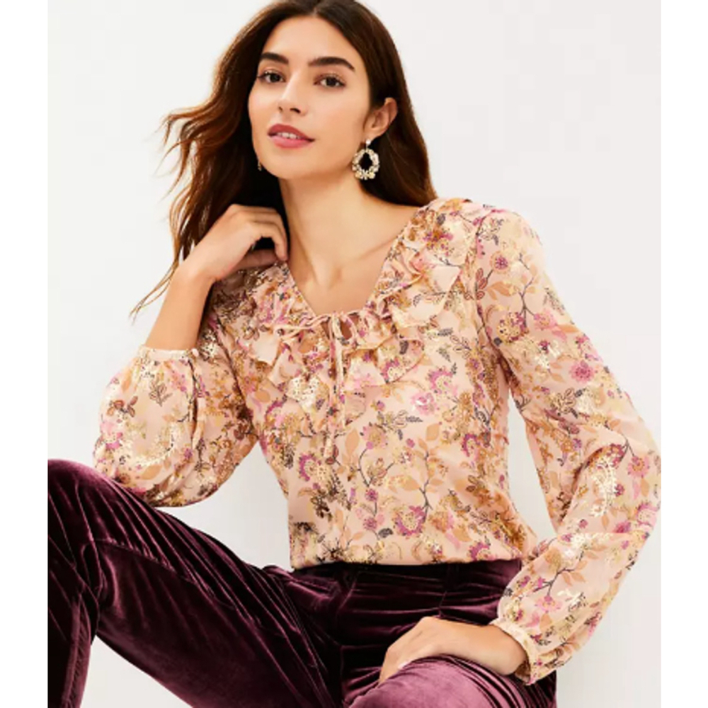 Loft Shimmer Floral Ruffle Tie Neck Blouse Womens L Pink Long Sleeve Work Career